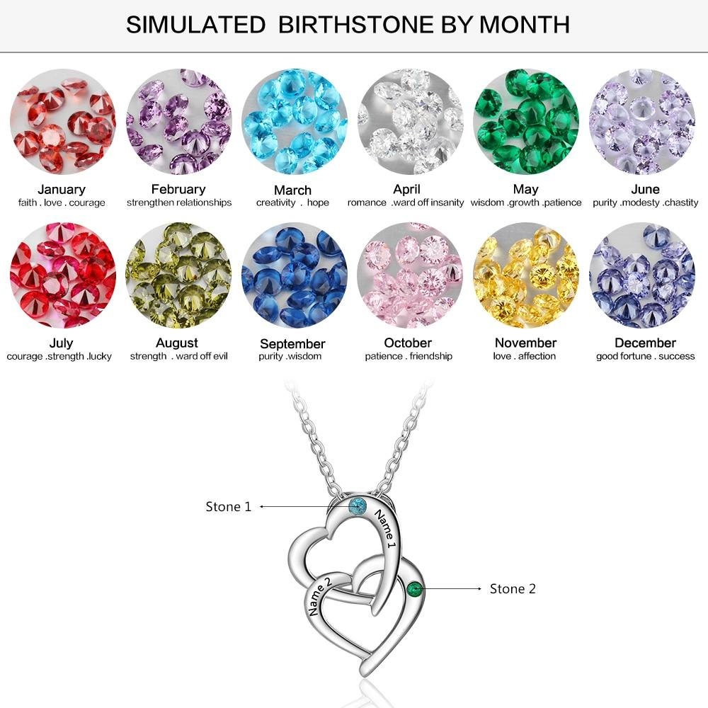 Personalized Sterling Silver Interlocking Heart Necklace with 2 Birthstones Custom Engraved Name Silver Pendants for Women Necklaces