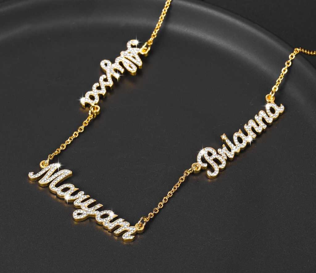 Custom Three Names Iced Out Necklace Personalized Bling Stainless Steel Name Nameplate Charm Necklace Gift For Women Jewelry Customized