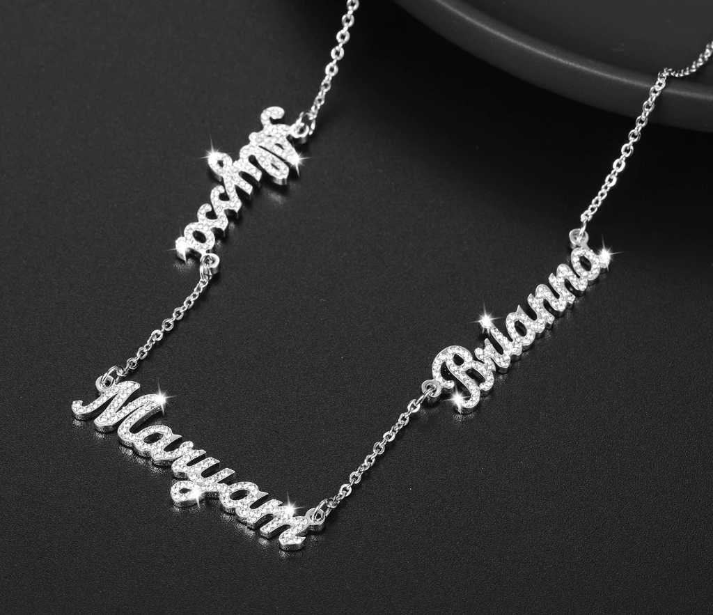 Custom Three Names Iced Out Necklace Personalized Bling Stainless Steel Name Nameplate Charm Necklace Gift For Women Jewelry Customized