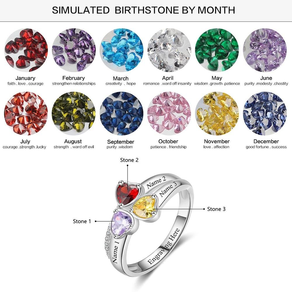 Personalized Sterling Silver Heart Birthstone Ring Customized Engrave 3 Name Ring Anniversary Mothers Jewelry Gift for Mom Ring Jewelry