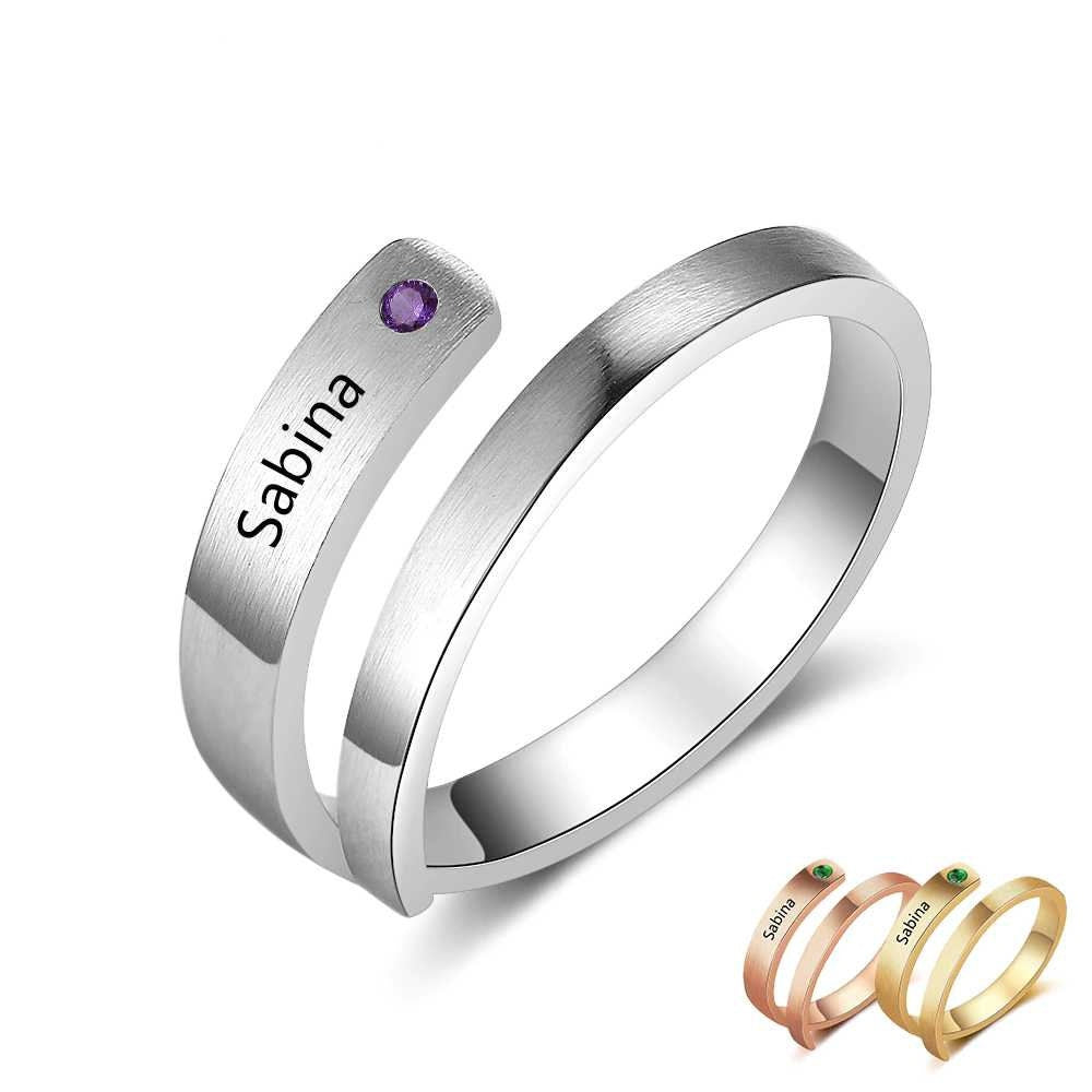 Personalized 3 Colors Engraved Name Rings for Women Customized Birthstone Adjustable Wrap Ring Gift Jewelry Customized Rings