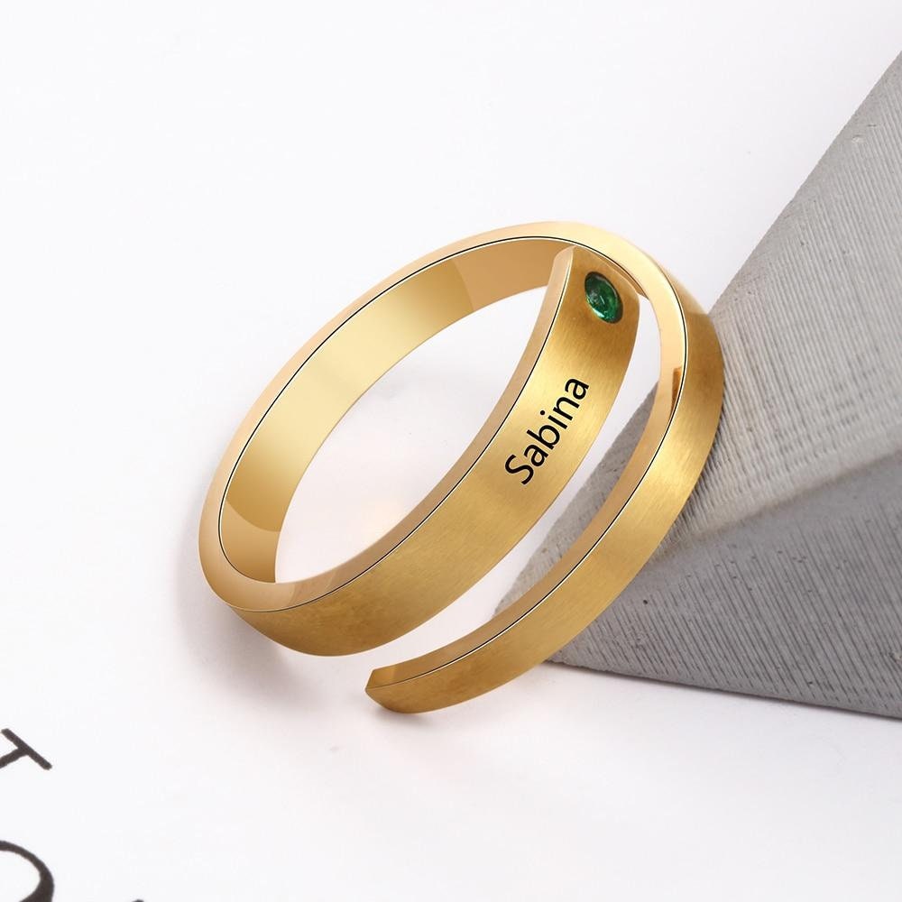 Personalized 3 Colors Engraved Name Rings for Women Customized Birthstone Adjustable Wrap Ring Gift Jewelry Customized Rings