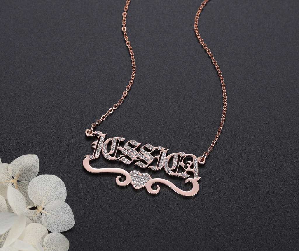 Personalized Heart With Bling Iced Out Name Necklace old English Name Necklace Pendant Nameplate Jewelry Christmas Gifts Customized