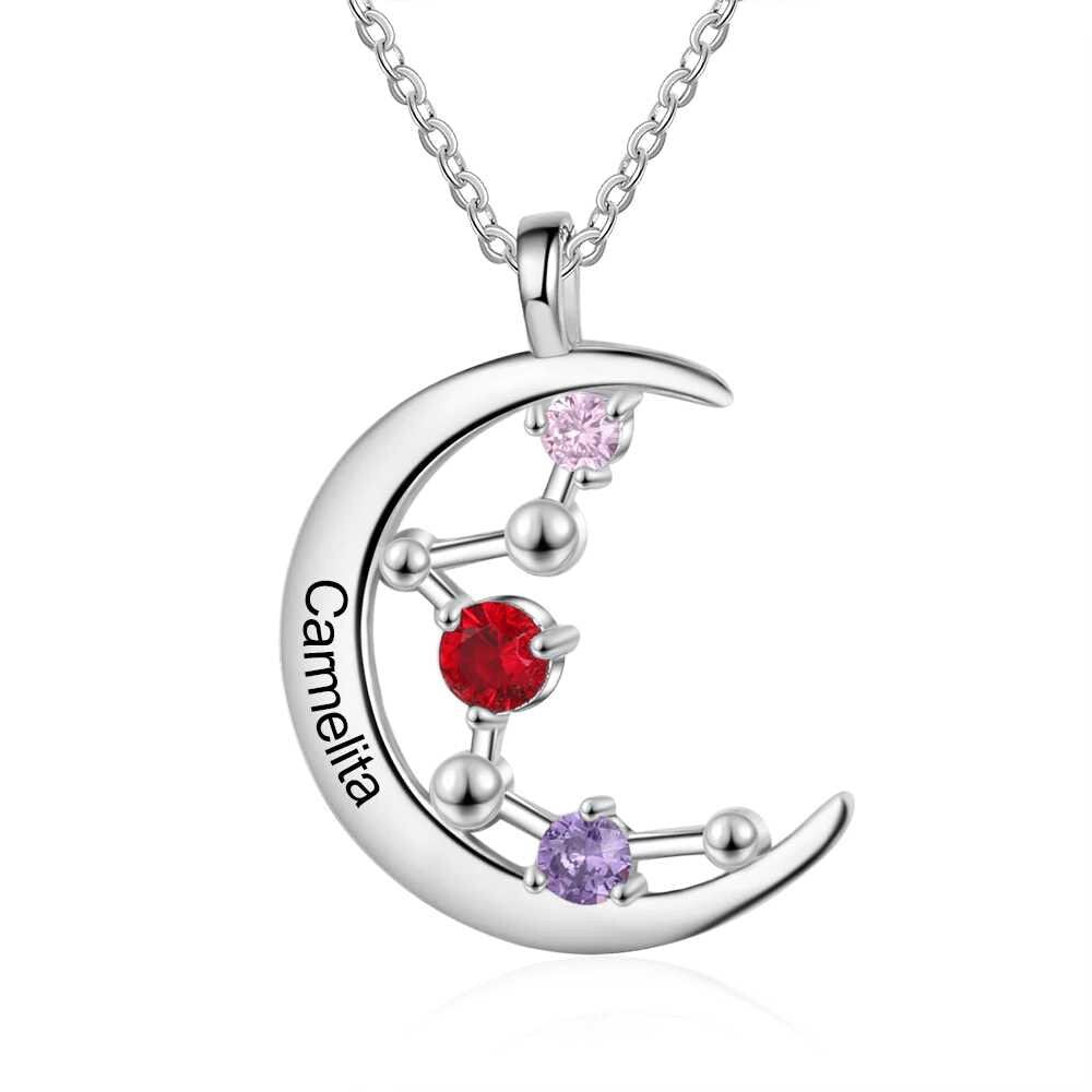 Personalized Necklace Constellation Moon Pendant for Women Customized 3 Birthstones Silver Color Jewelry Christmas Gift Customized Necklaces