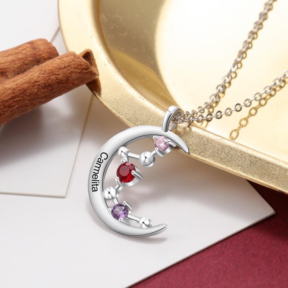 Personalized Necklace Constellation Moon Pendant for Women Customized 3 Birthstones Silver Color Jewelry Christmas Gift Customized Necklaces