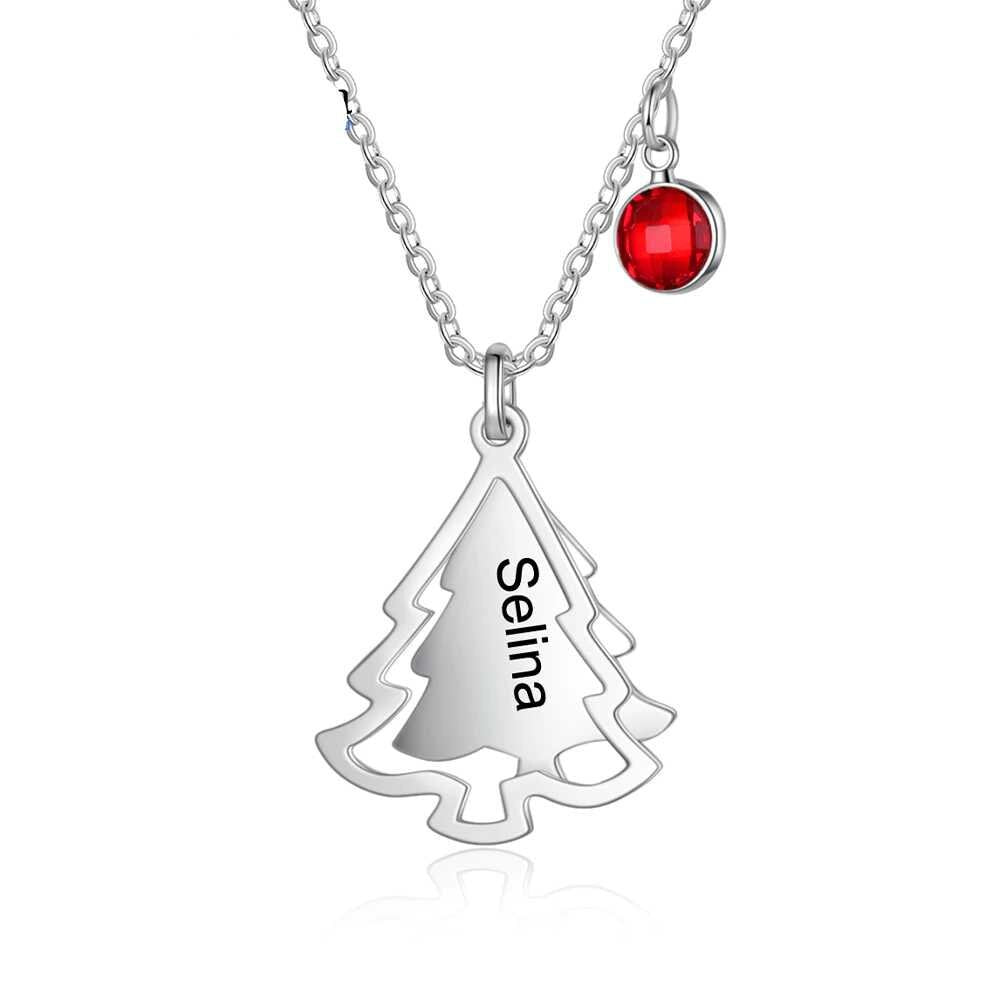 Personalized Christmas Tree Pendants for Women Custom DIY Birthstone Name Engraved Necklace New Year Gifts Customized Necklaces
