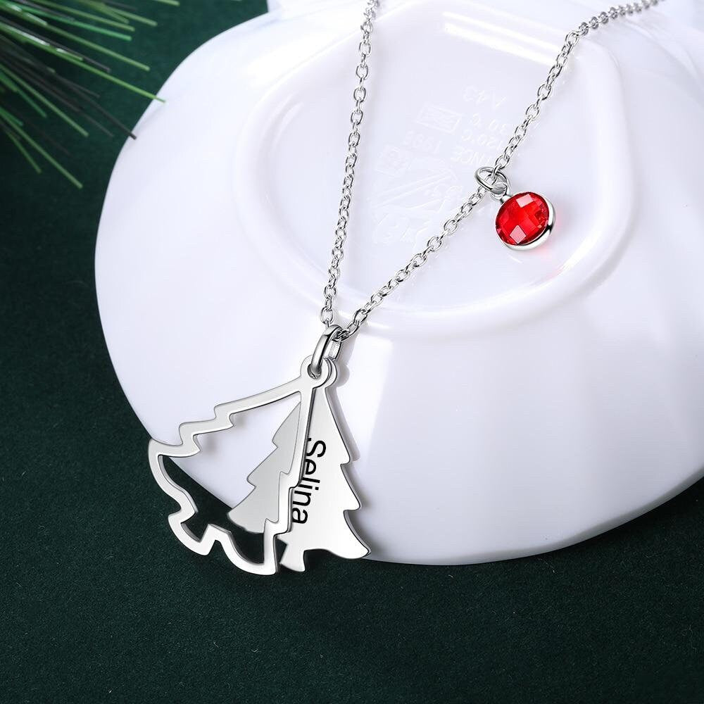 Personalized Christmas Tree Pendants for Women Custom DIY Birthstone Name Engraved Necklace New Year Gifts Customized Necklaces