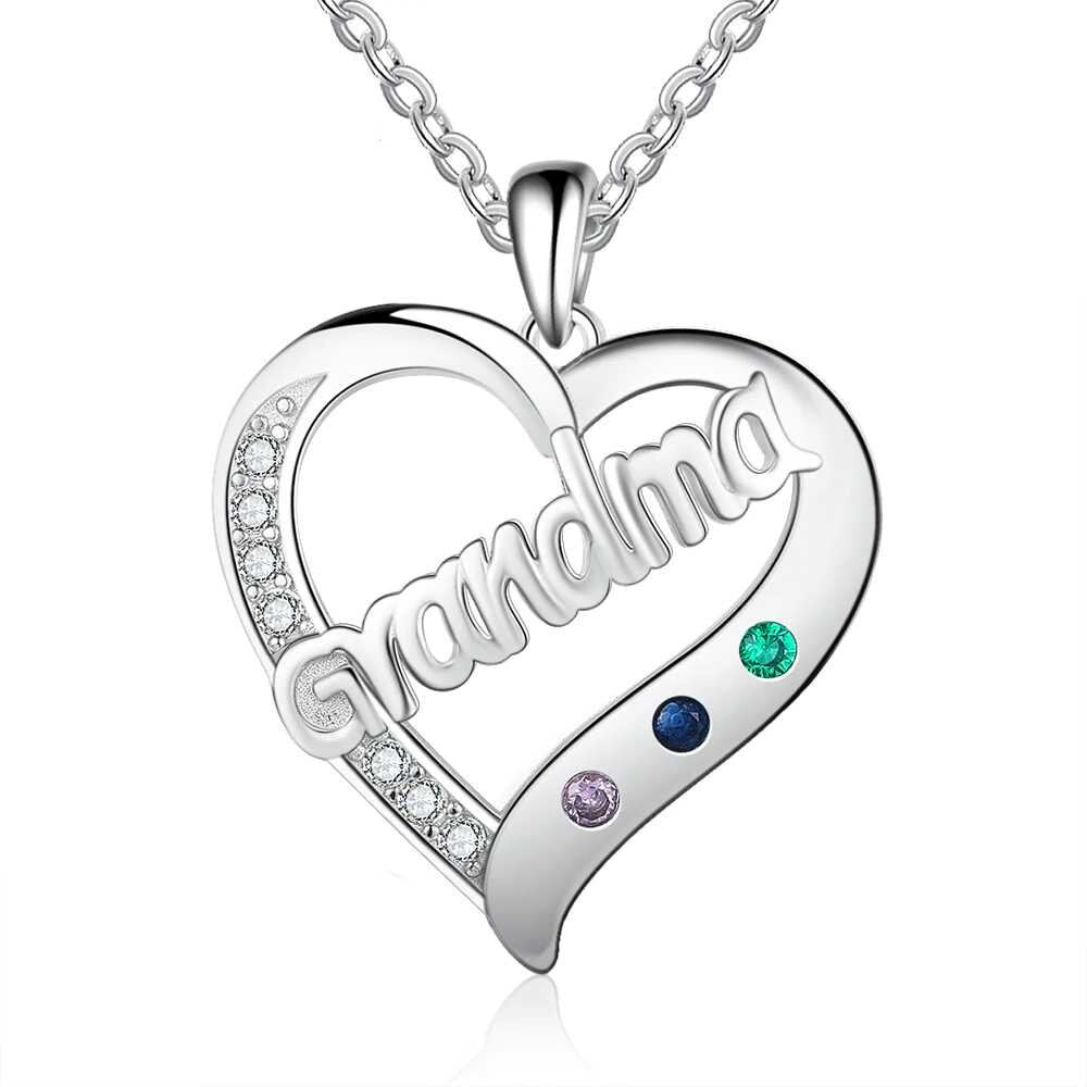 Personalized Custom Birthstone Grandma Heart Pendant Silver Necklace Family Jewelry Birthday Gifts for Grandma Customized Necklaces