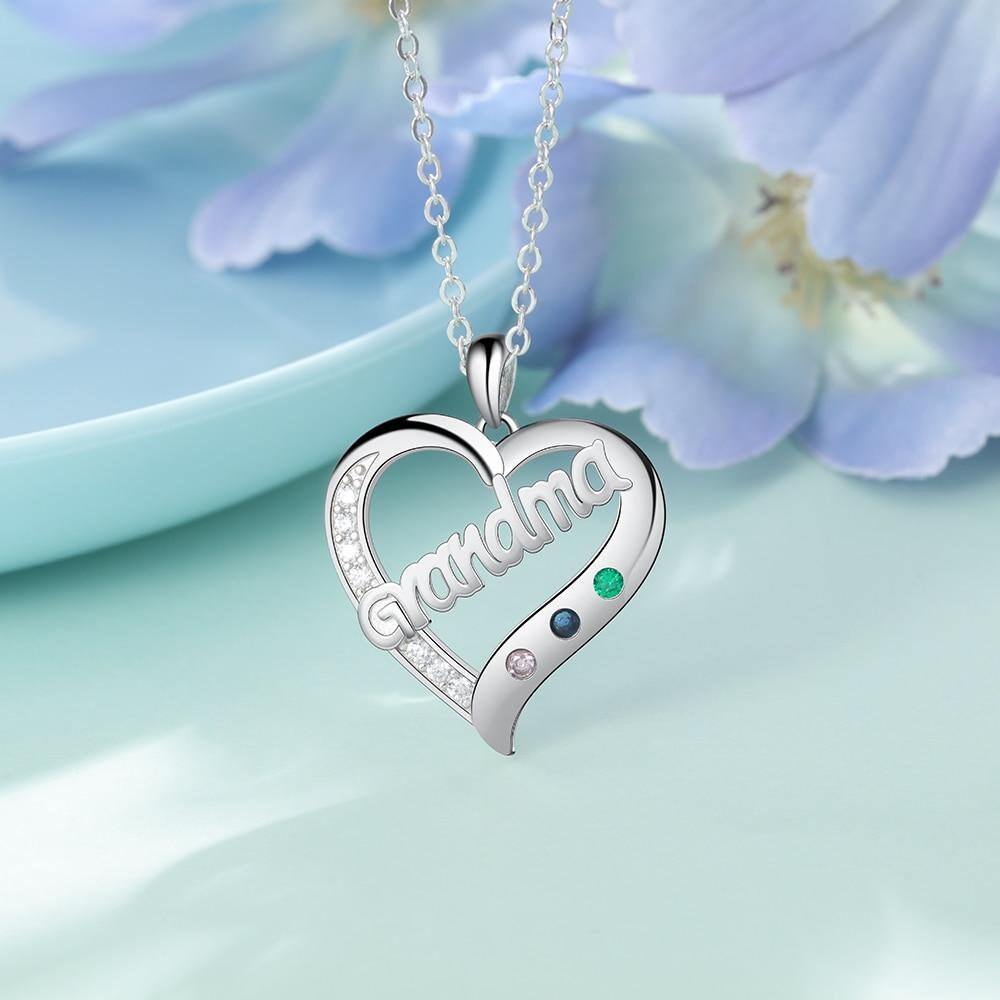 Personalized Custom Birthstone Grandma Heart Pendant Silver Necklace Family Jewelry Birthday Gifts for Grandma Customized Necklaces