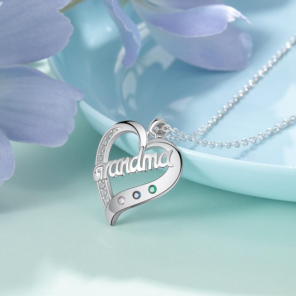 Personalized Custom Birthstone Grandma Heart Pendant Silver Necklace Family Jewelry Birthday Gifts for Grandma Customized Necklaces