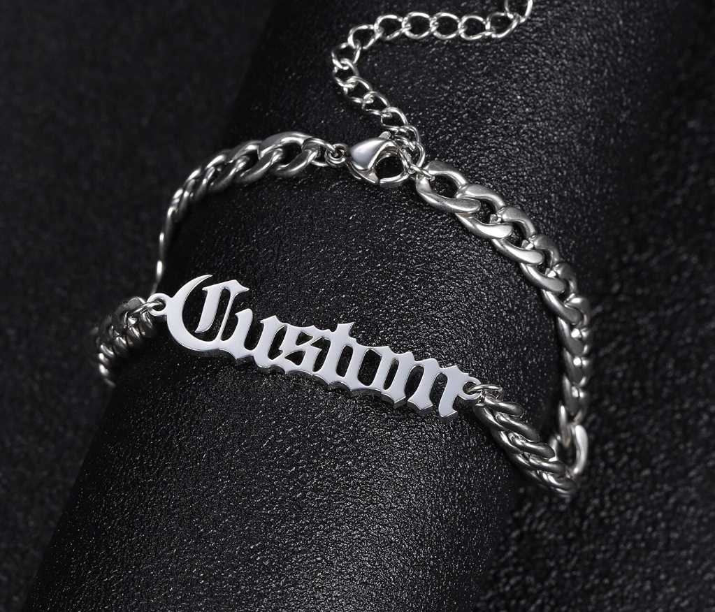Personalized Name Bracelet Stainless Steel Curb Chain Custom Old English Bracelet Bangle Handmade Men Jewelry For Women Gifts Customized