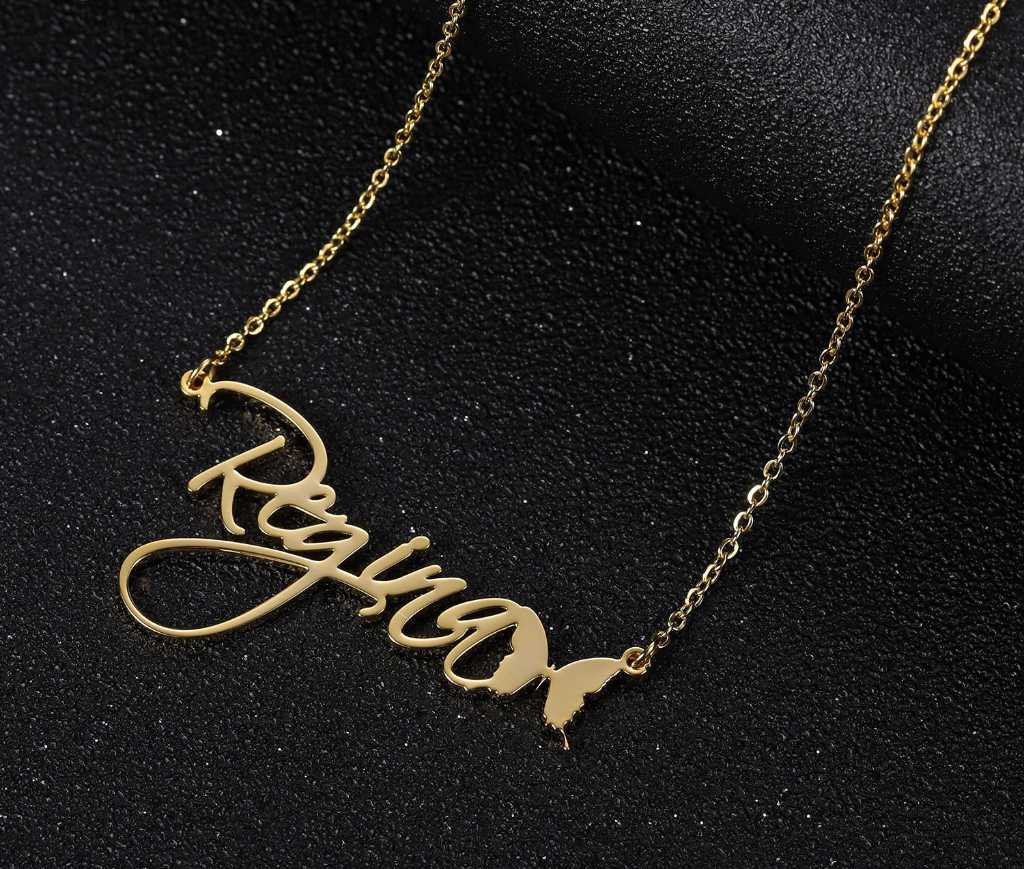 Personalized Butterfly Symbol Cursive Name Nameplate Necklace Pendants Stainless Steel Letters Handmade Necklaces For Women Customized