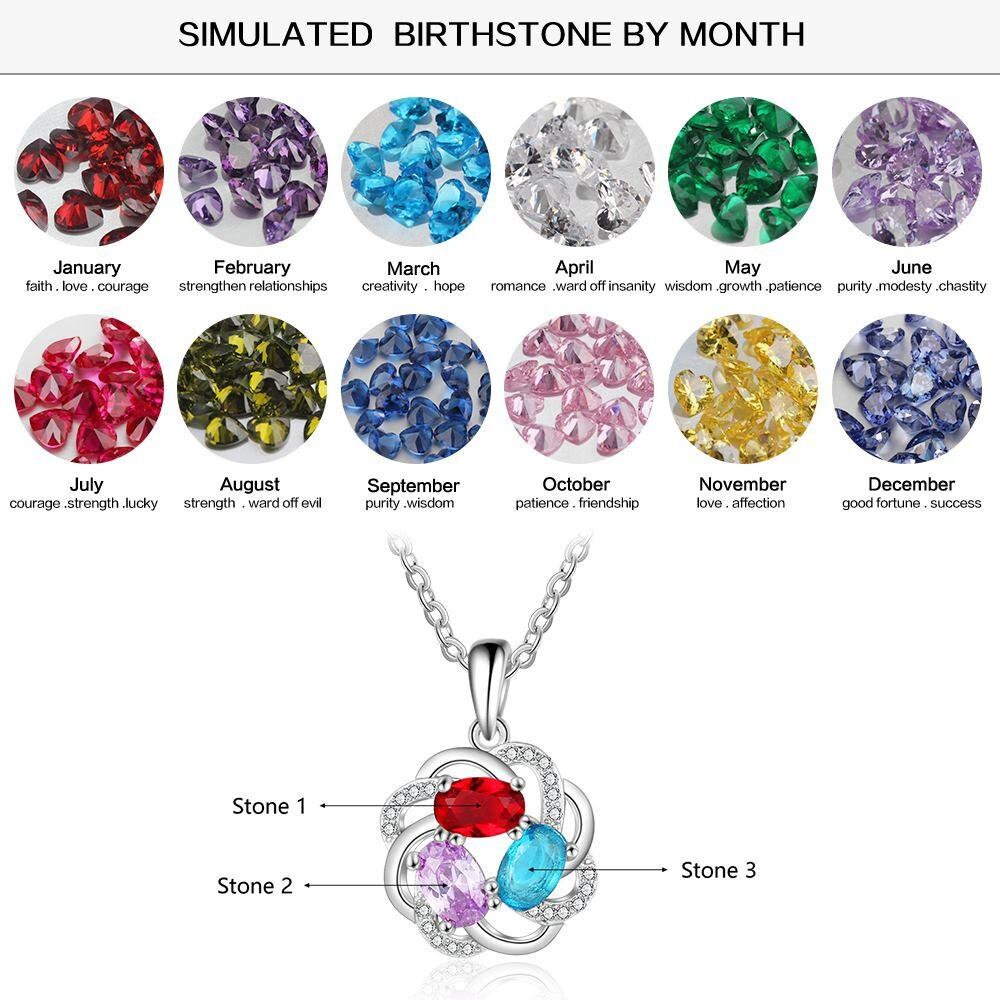 Personalized 3 Oval Birthstones Necklaces for Women Flower Pendant with Cubic Zirconia Custom Jewelry Gift Customized Necklaces