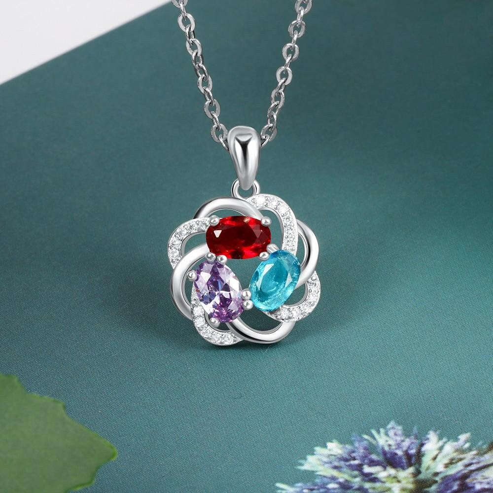 Personalized 3 Oval Birthstones Necklaces for Women Flower Pendant with Cubic Zirconia Custom Jewelry Gift Customized Necklaces