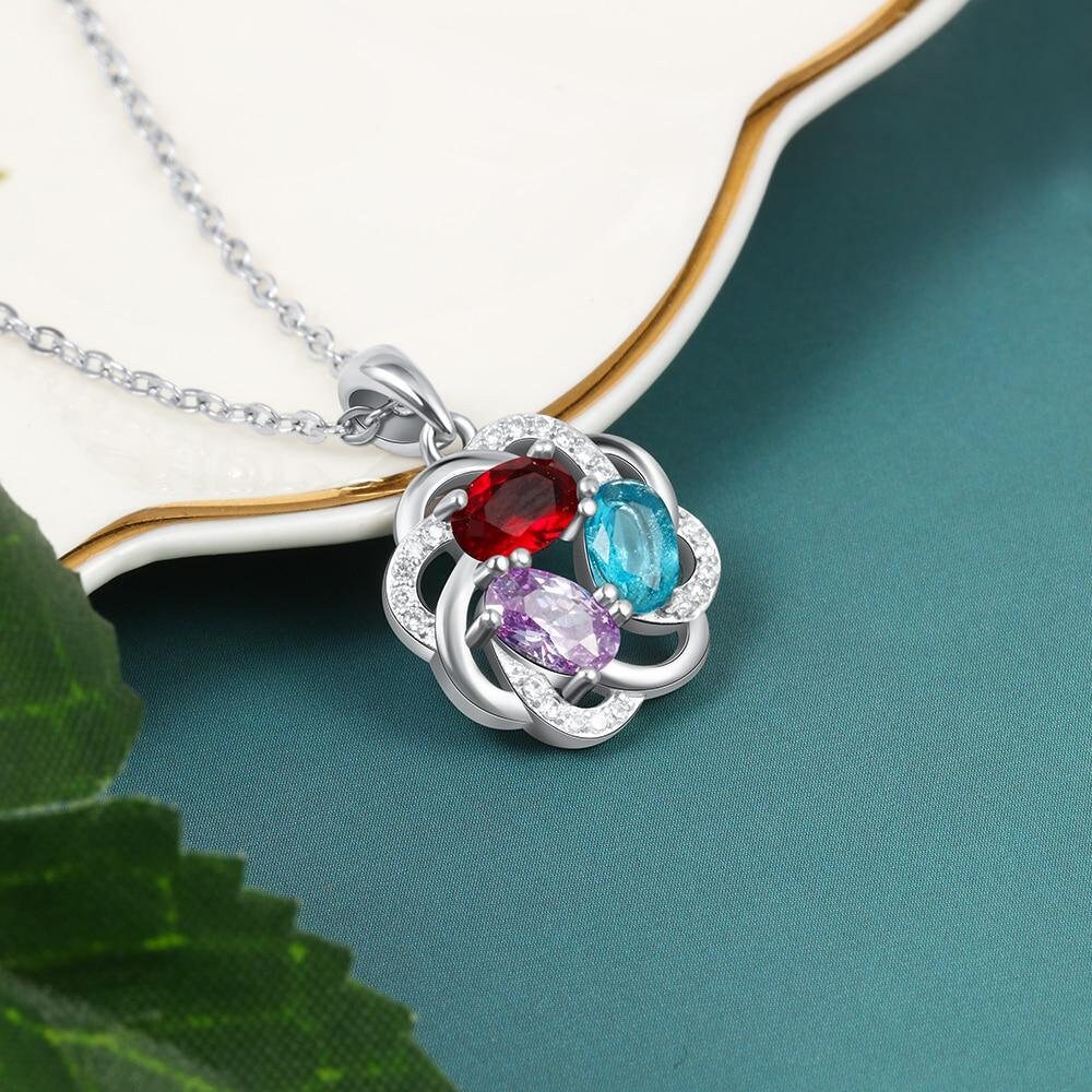 Personalized 3 Oval Birthstones Necklaces for Women Flower Pendant with Cubic Zirconia Custom Jewelry Gift Customized Necklaces