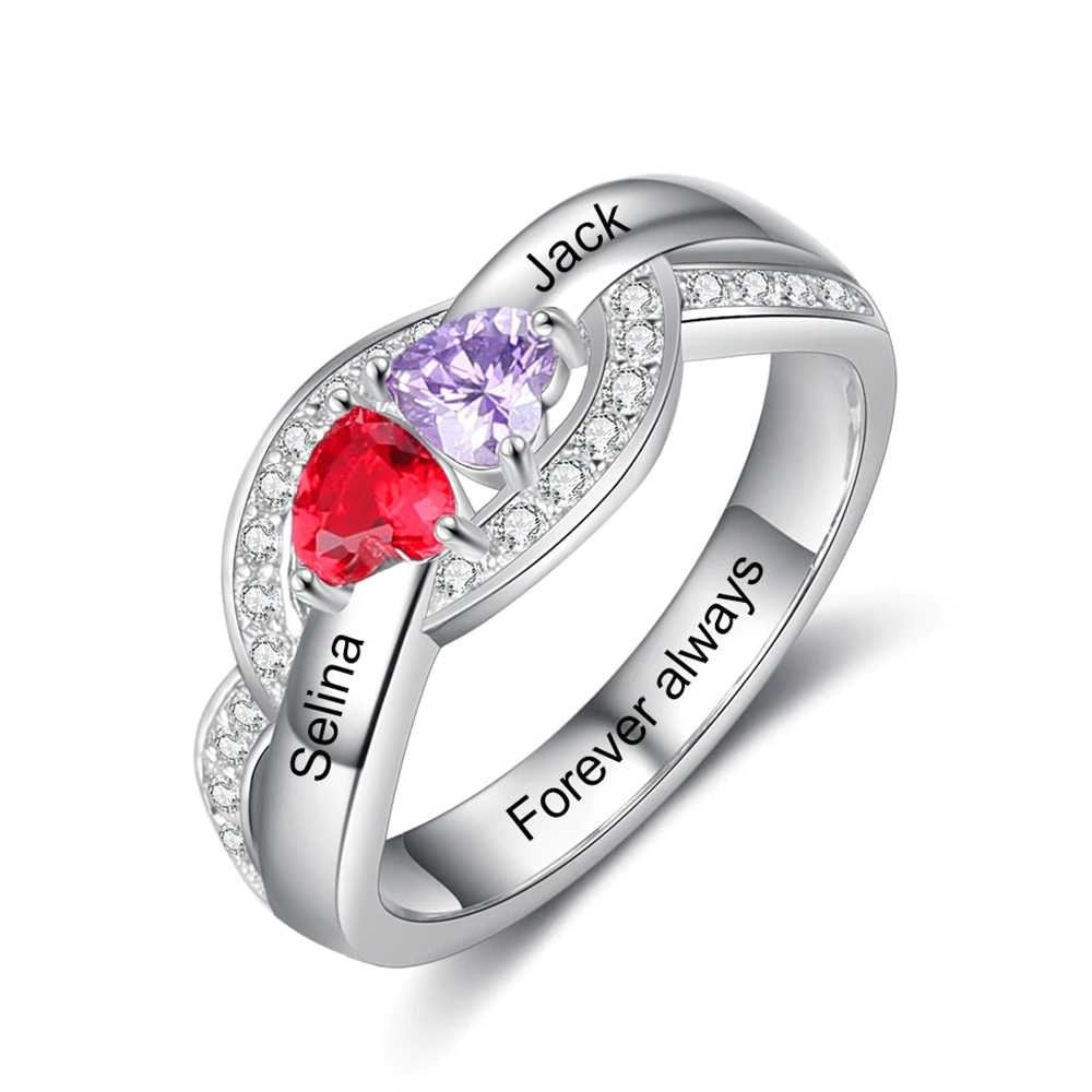 Personalized Engraving Rings for Women Custom 2 Birthstones Sterling Silver Promise Engagement Ring Gifts for Her Rings