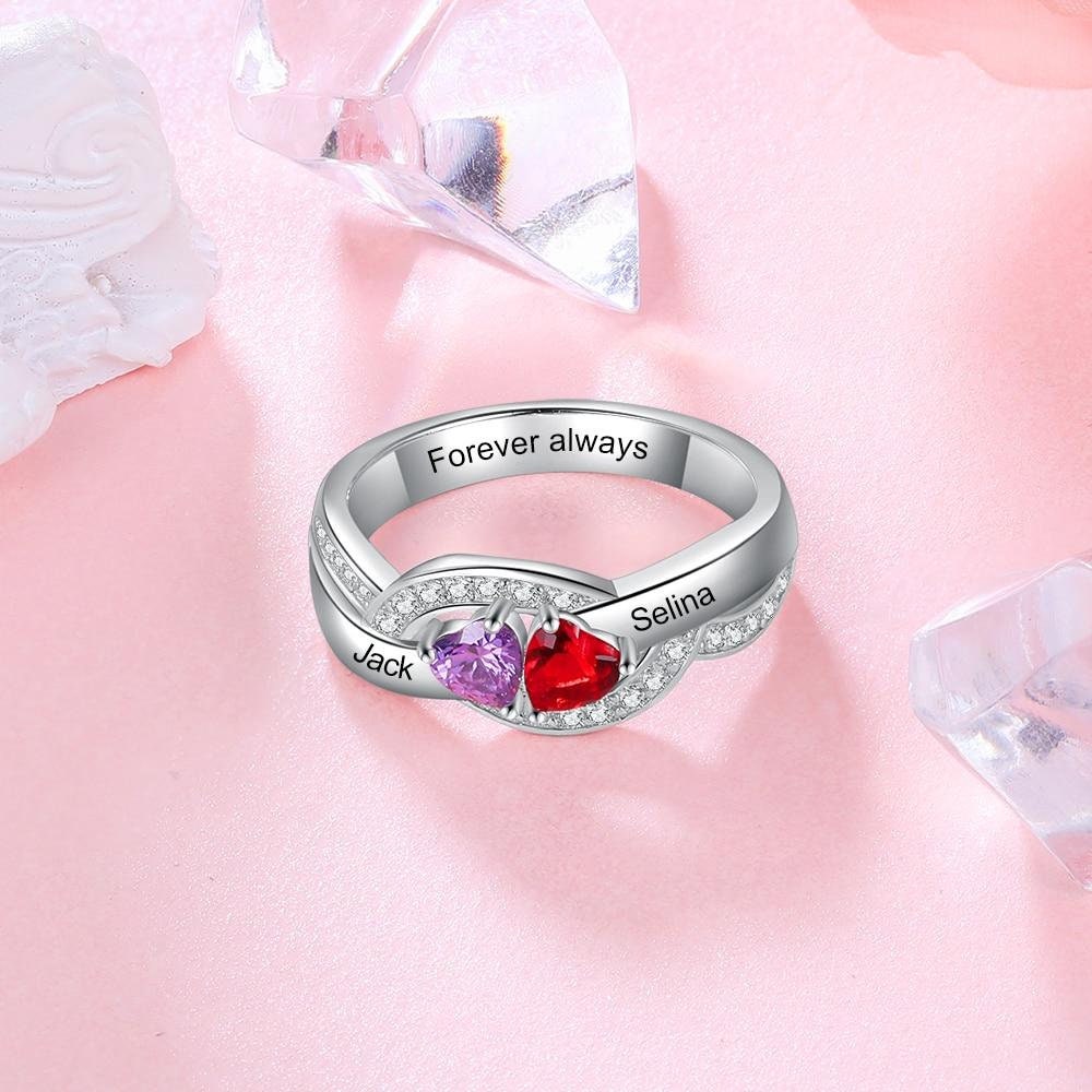 Personalized Engraving Rings for Women Custom 2 Birthstones Sterling Silver Promise Engagement Ring Gifts for Her Rings