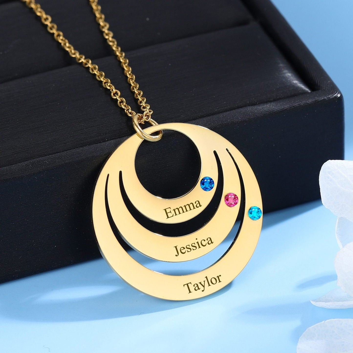 Personalized Birthstone Name Necklace Customized Engrave 1-3 Names Round Necklace For Mom Stainless Steel Gold Charm Jewelry Customized