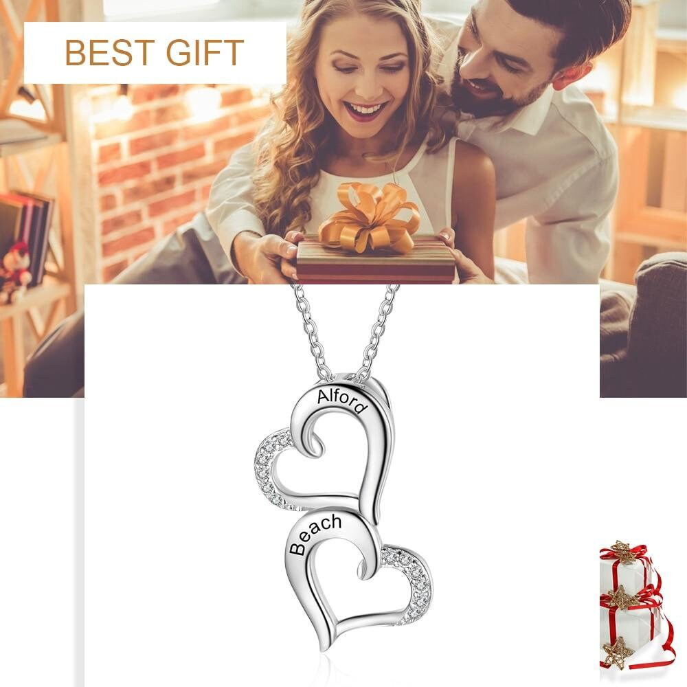 Personalized Name Necklace Engraved Pendant Necklace Customized Sterling Silver Double Heart Couples Necklaces Fine Jewelry Necklaces