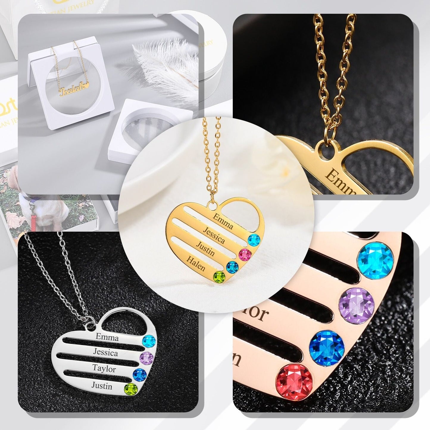 Personalized Birthstone Name Necklace Custom Engrave Names Pendant Chain Charm Stainless Steel Heart Jewelry Gift For Women Customized