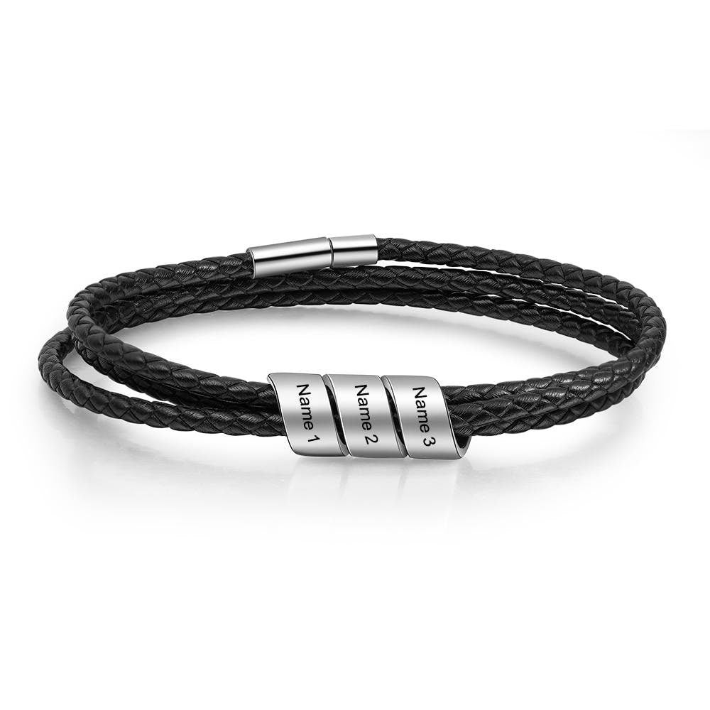 Personalized 3 Name Beads Engraved Bracelets for Men Vintage Customized Black Leather Bracelets & Bangles Fathers Gift Customized Bracelets