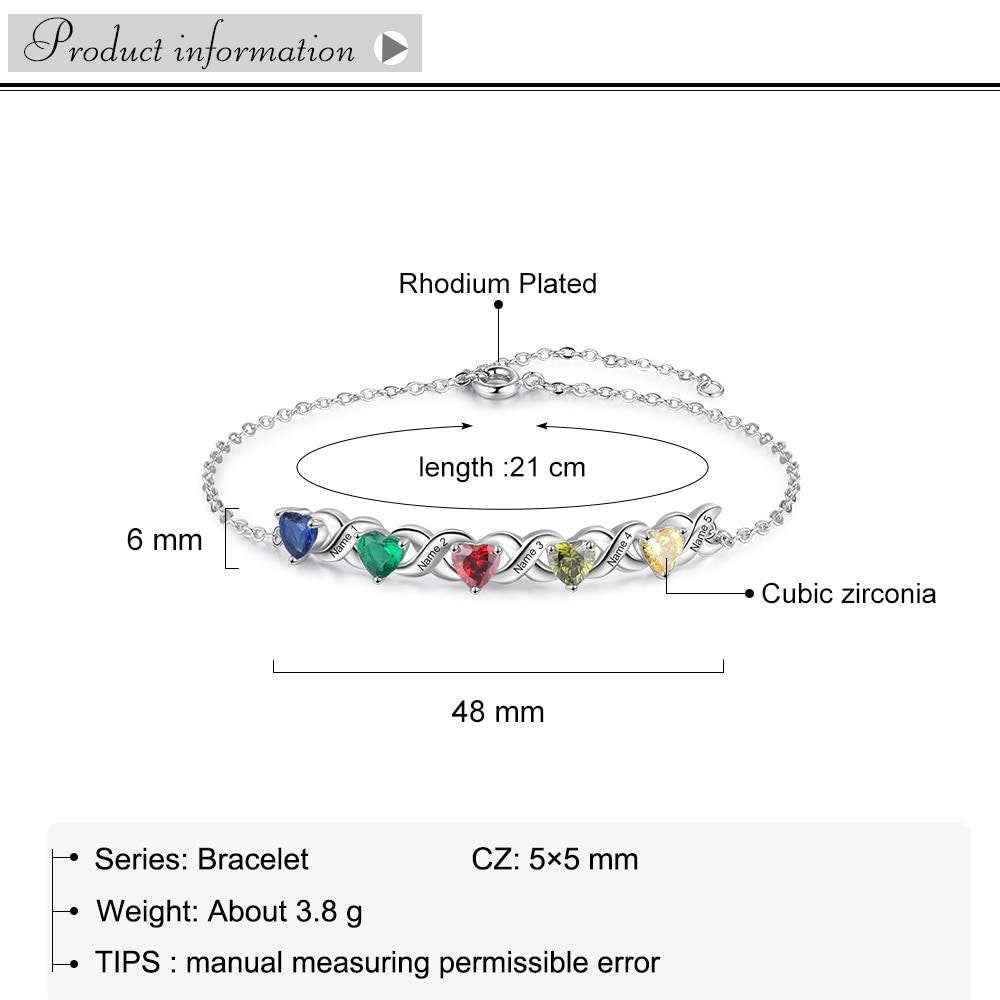 Personalized Inlaid 2-7 Heart Birthstone Bracelets for Women Customized Engraved Name Family Bracelet Mother's Day Gift Customized Bracelets