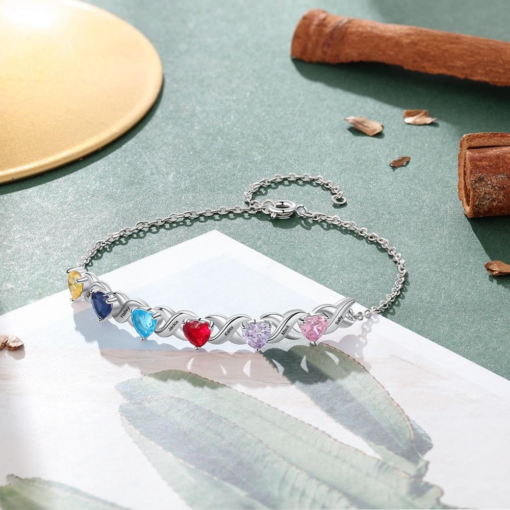 Personalized Inlaid 2-7 Heart Birthstone Bracelets for Women Customized Engraved Name Family Bracelet Mother's Day Gift Customized Bracelets