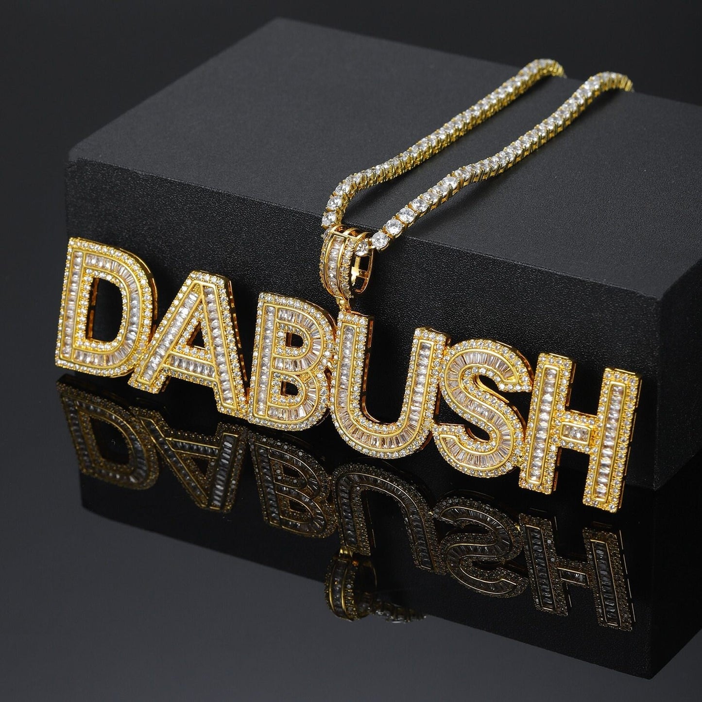 Customized Name Cubic Zircon Baguette Letters Hip Hop Pendant Necklaces Gold Silver Men's Jewelry with Tennis Chain for Gifts Customized