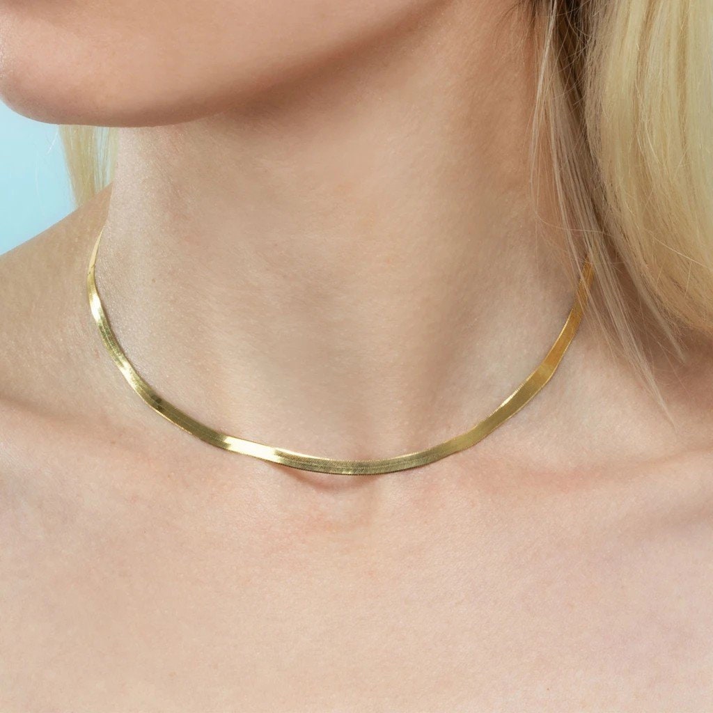 Fashion Necklace, Jewelry for Women, Silver Necklace, Gold Necklace, Flat Snake Chain, Bone Chain, Chain Choker, Necklace for Women, Paper