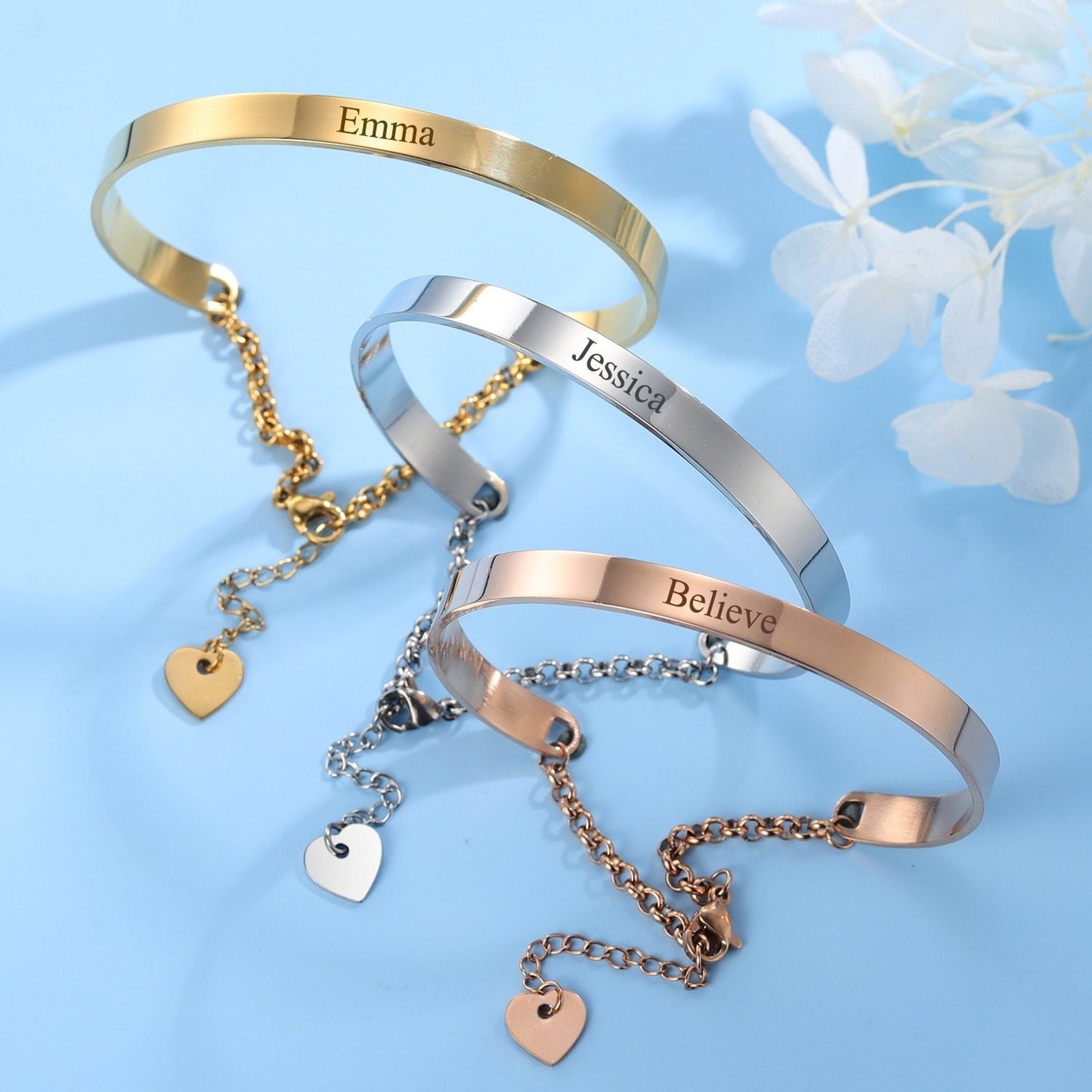 Engrave Custom Stainless Steel Jewelry Name Logo Statement Bangles Bracelets For Women Heart Float Charm Mom Gifts Customized Bracelets