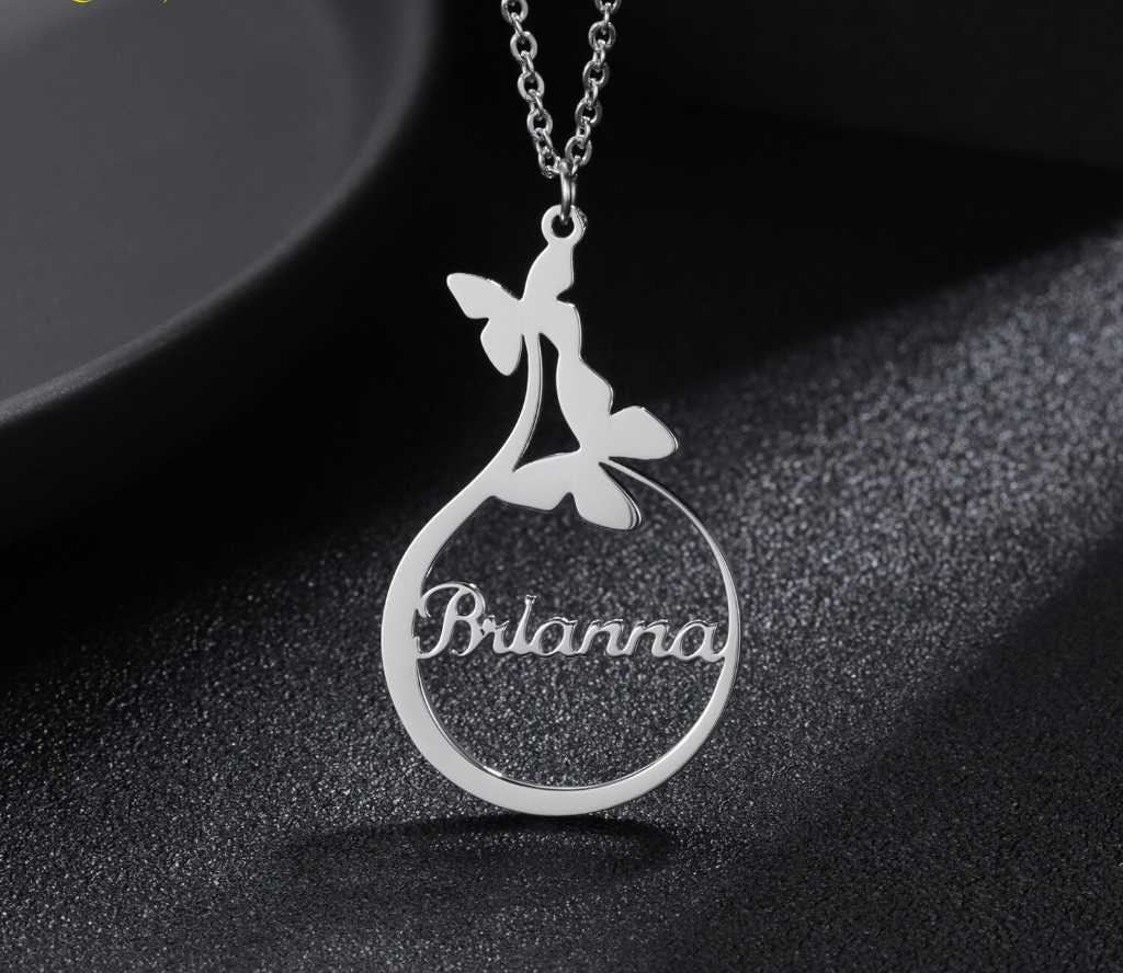 Personalized Butterfly Name Necklace Custom Gold Name Necklace Stainless Steel Nameplate Necklaces Round Jewelry Gifts Women Customized