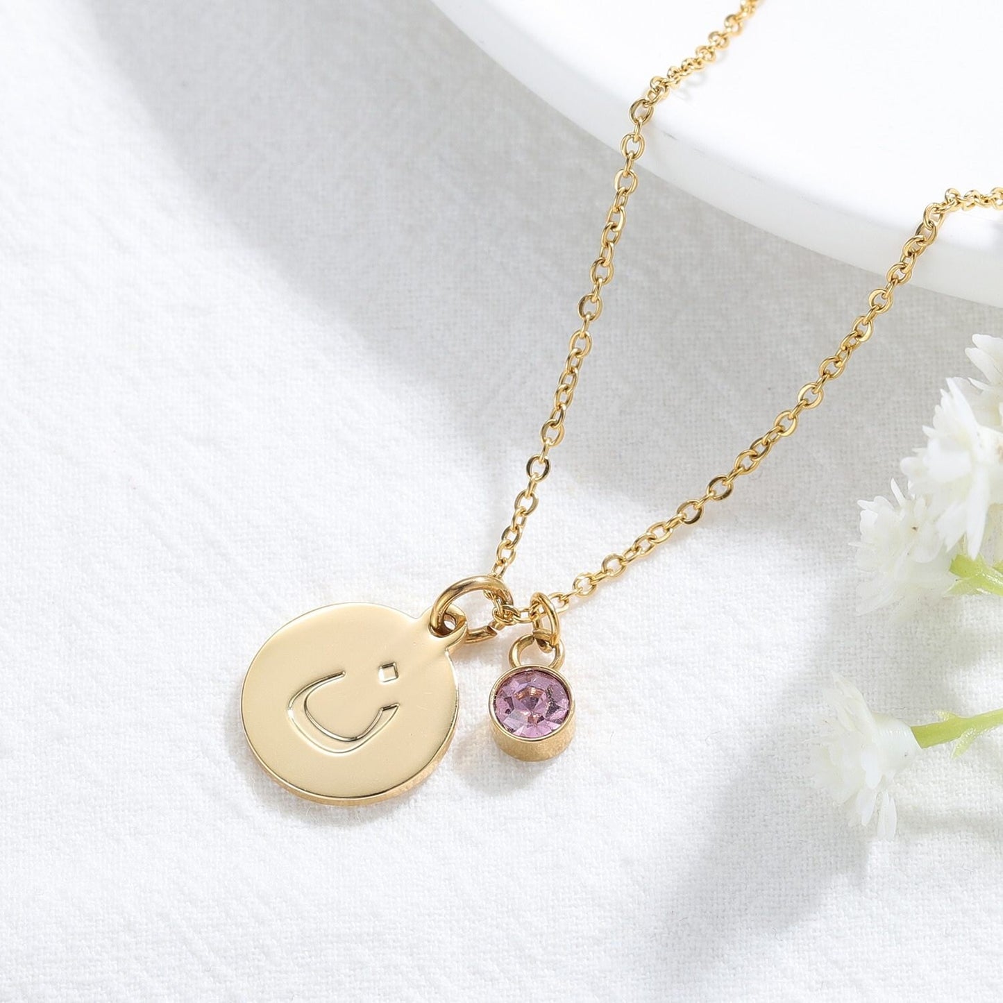 Arabic Initial Letter Necklaces With Birthstone For Women Gold Choker Chain Personalized Coin Pendant Necklace Jewelry Gifts Customized