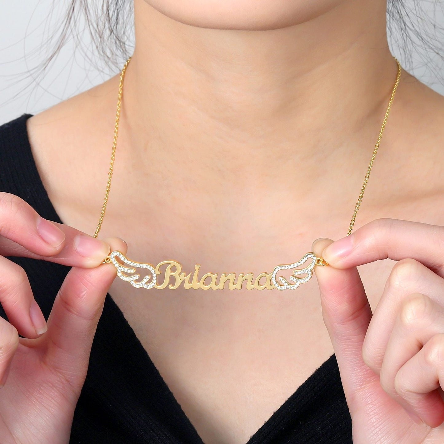 Personalized Iced Out Angel Wings Name Necklace Customized Name Necklace Charm Gold Stainless Steel Jewelry name Gifts for Women Customized