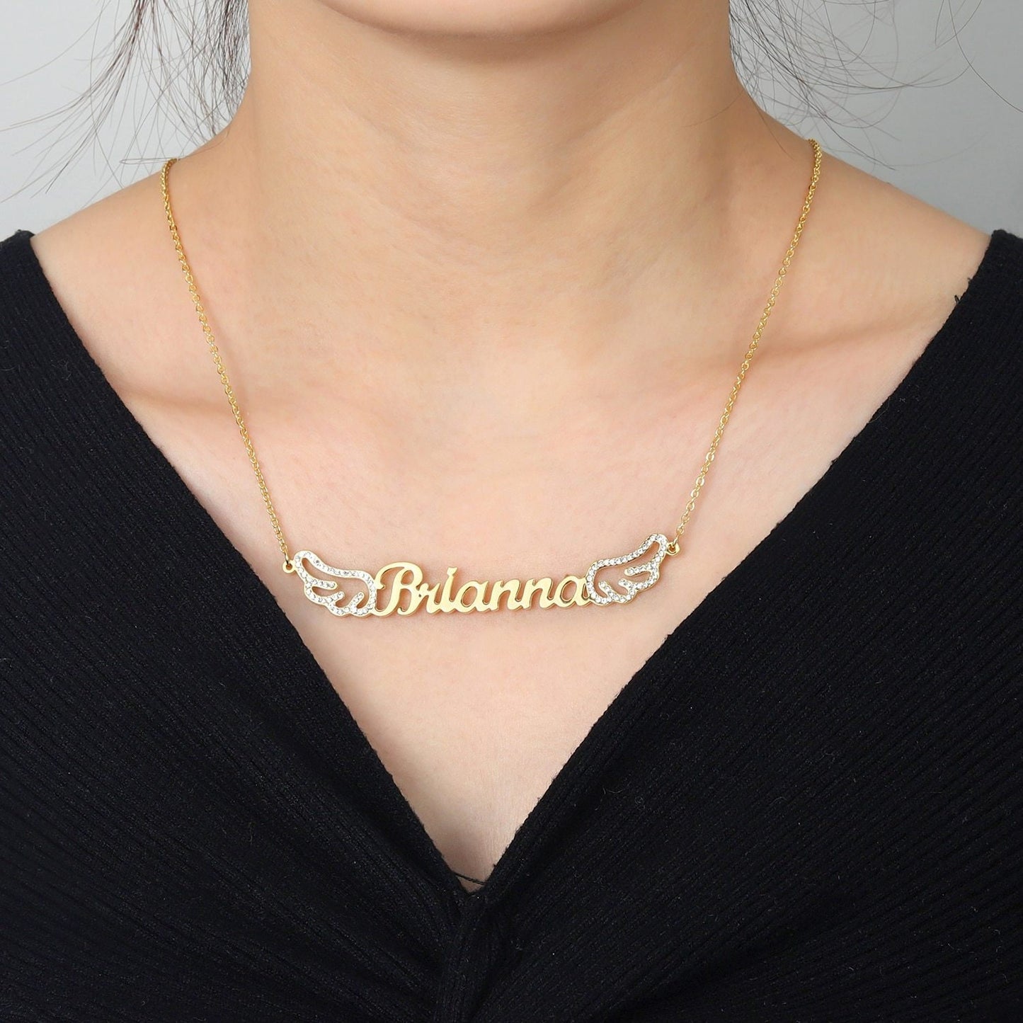 Personalized Iced Out Angel Wings Name Necklace Customized Name Necklace Charm Gold Stainless Steel Jewelry name Gifts for Women Customized