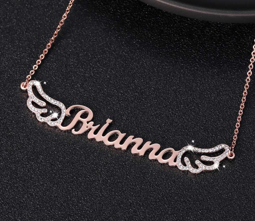 Personalized Iced Out Angel Wings Name Necklace Customized Name Necklace Charm Gold Stainless Steel Jewelry name Gifts for Women Customized
