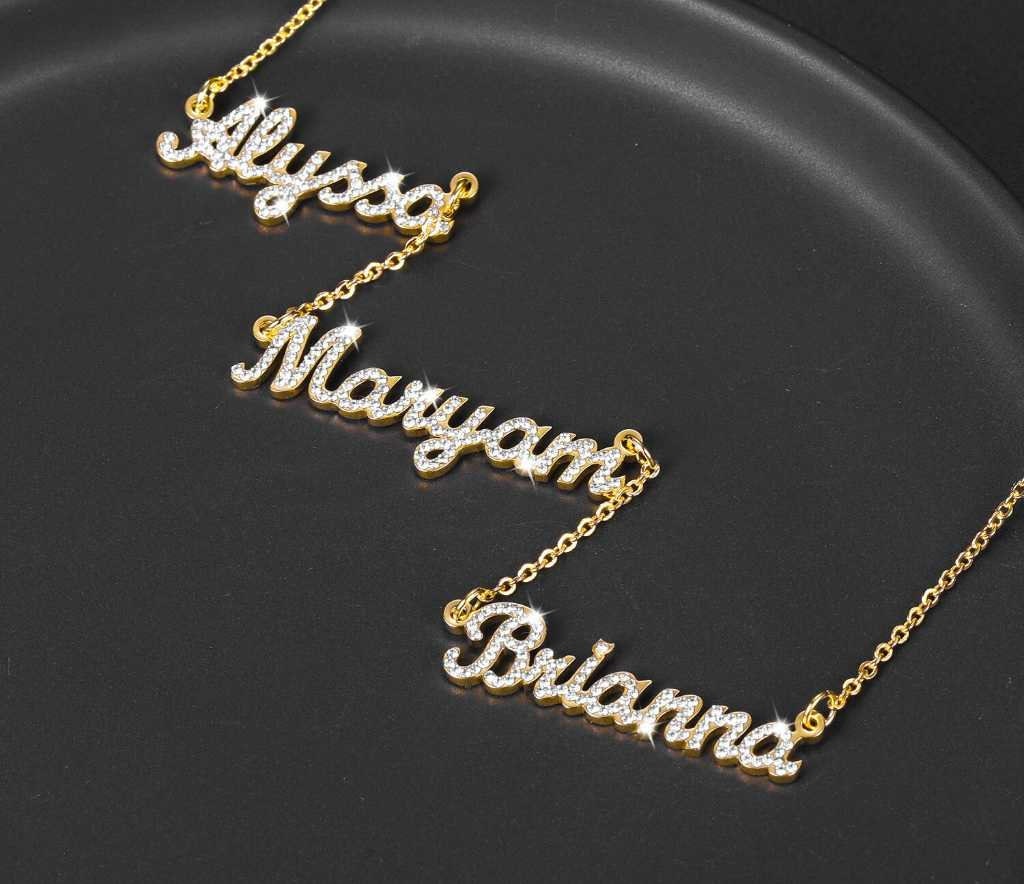 Custom Three Names Iced Out Necklace Personalized Bling Stainless Steel Name Nameplate Charm Necklace Gift For Women Jewelry Customized