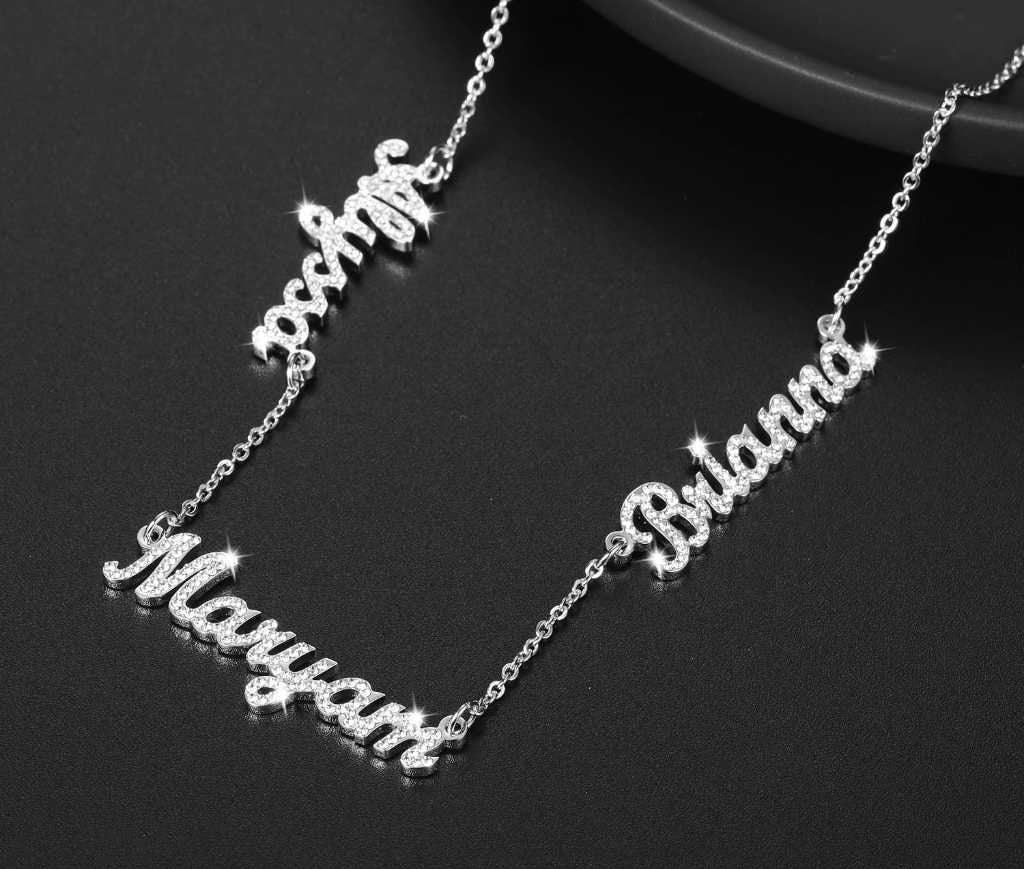 Custom Three Names Iced Out Necklace Personalized Bling Stainless Steel Name Nameplate Charm Necklace Gift For Women Jewelry Customized