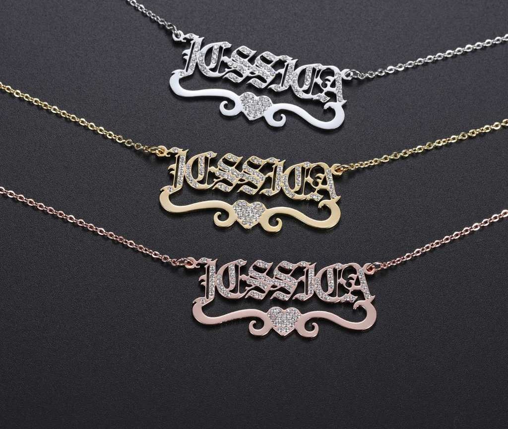 Personalized Heart With Bling Iced Out Name Necklace old English Name Necklace Pendant Nameplate Jewelry Christmas Gifts Customized