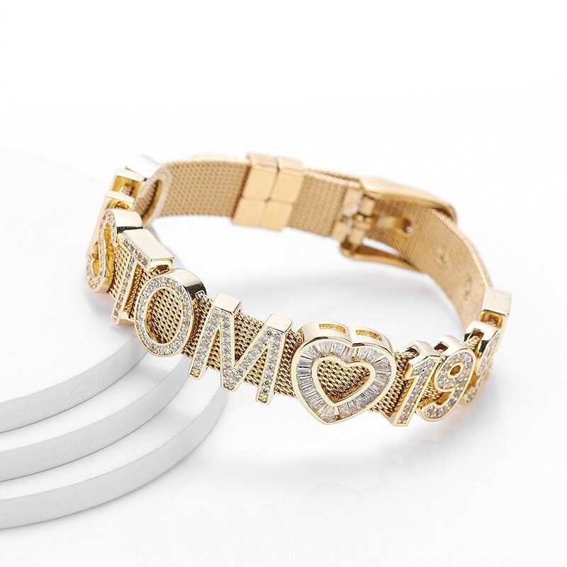 Personalized Name Letter Iced Out Jewelry Silver Stainless Steel Mesh Bracelet Bangles with DIY Slide Charms Bracelets Woman Gift Customized
