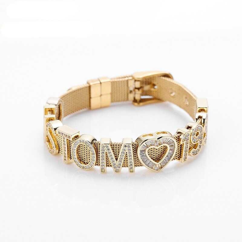 Personalized Name Letter Iced Out Jewelry Silver Stainless Steel Mesh Bracelet Bangles with DIY Slide Charms Bracelets Woman Gift Customized