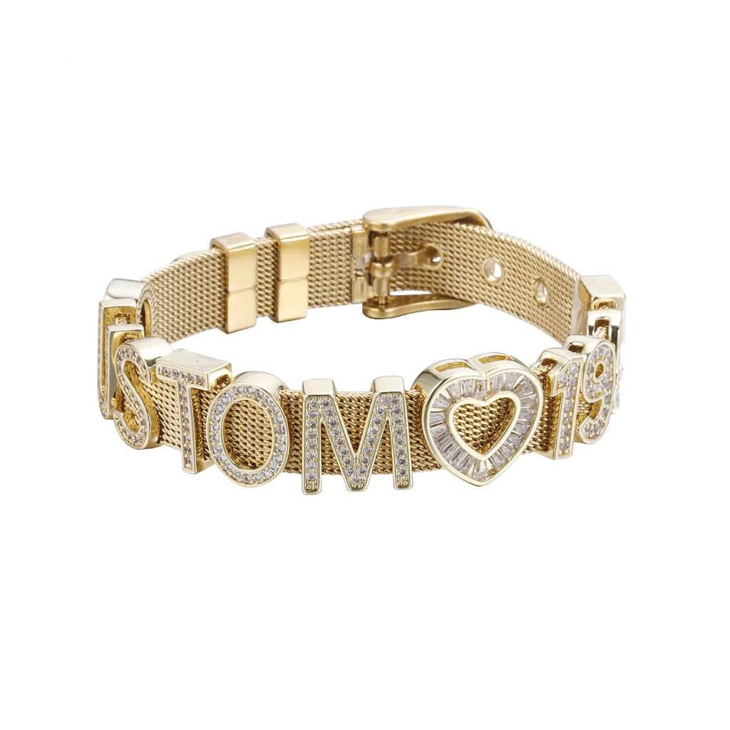 Personalized Name Letter Iced Out Jewelry Silver Stainless Steel Mesh Bracelet Bangles with DIY Slide Charms Bracelets Woman Gift Customized
