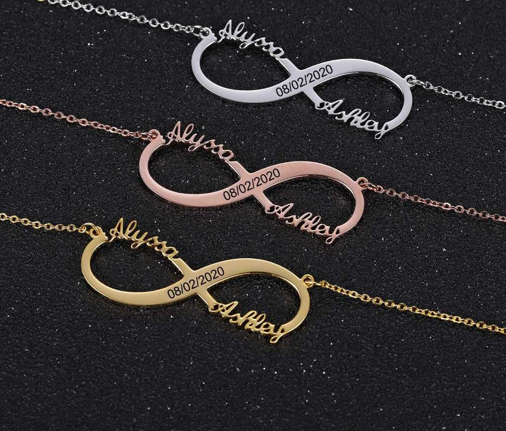 Fashion Double Name Engraved Date Numerals Infinity Pendant Necklaces Stainless Steel Custom Jewelry Choker Best Gifts for Women Customized