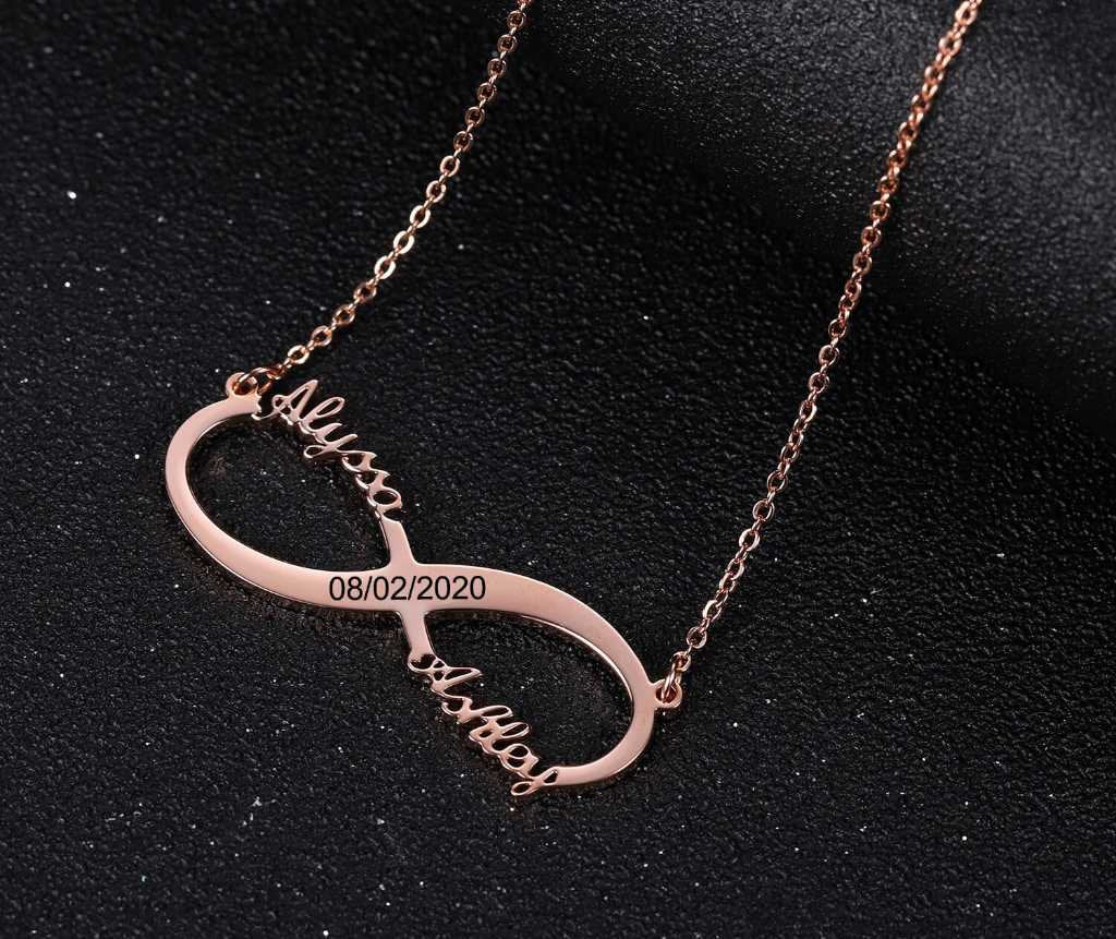 Fashion Double Name Engraved Date Numerals Infinity Pendant Necklaces Stainless Steel Custom Jewelry Choker Best Gifts for Women Customized
