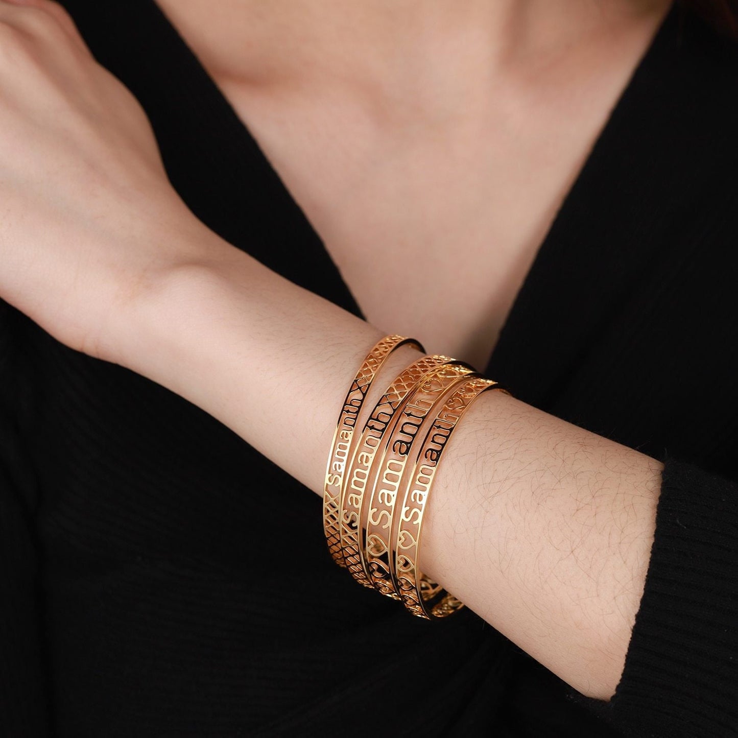 Customize Name Bangle For Women Personalized Gold Stainless Steel Bangle Bracelet Name Nameplate Letter Bangles Adjusted Jewelry Customized