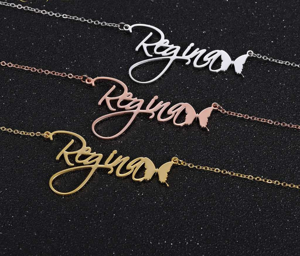 Personalized Butterfly Symbol Cursive Name Nameplate Necklace Pendants Stainless Steel Letters Handmade Necklaces For Women Customized