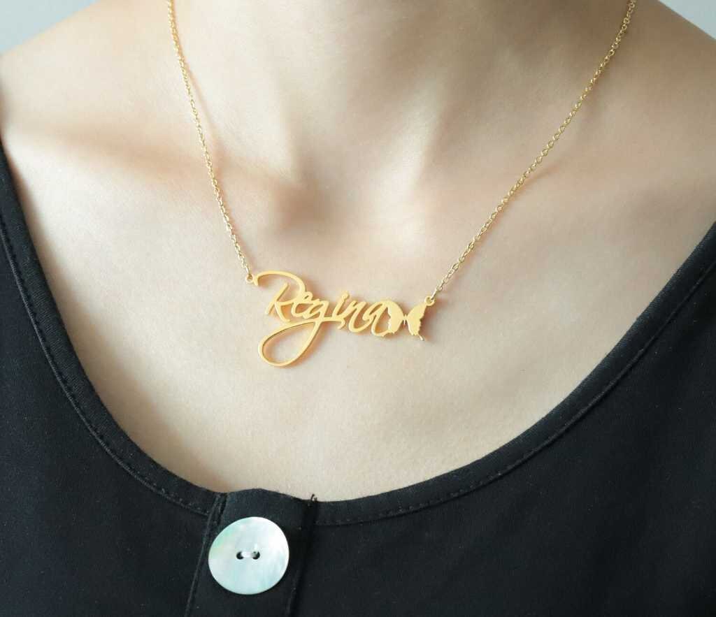 Personalized Butterfly Symbol Cursive Name Nameplate Necklace Pendants Stainless Steel Letters Handmade Necklaces For Women Customized