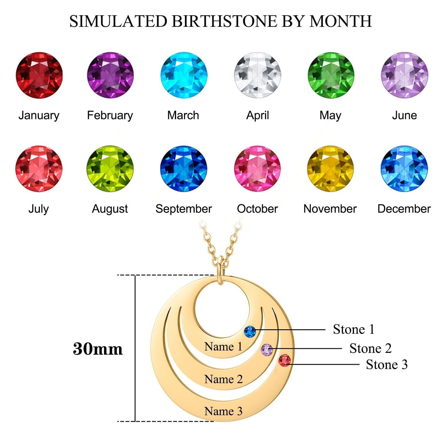 Personalized Birthstone Name Necklace Customized Engrave 1-3 Names Round Necklace For Mom Stainless Steel Gold Charm Jewelry Customized