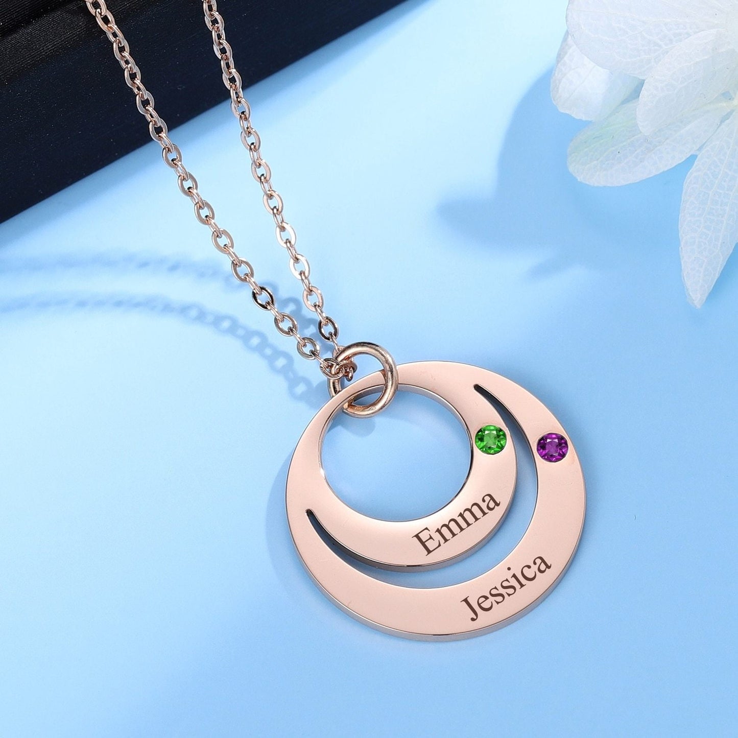 Personalized Birthstone Name Necklace Customized Engrave 1-3 Names Round Necklace For Mom Stainless Steel Gold Charm Jewelry Customized