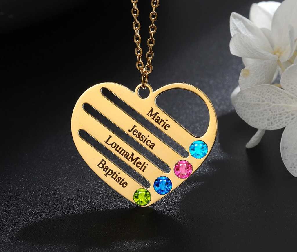Personalized Birthstone Name Necklace Custom Engrave Names Pendant Chain Charm Stainless Steel Heart Jewelry Gift For Women Customized