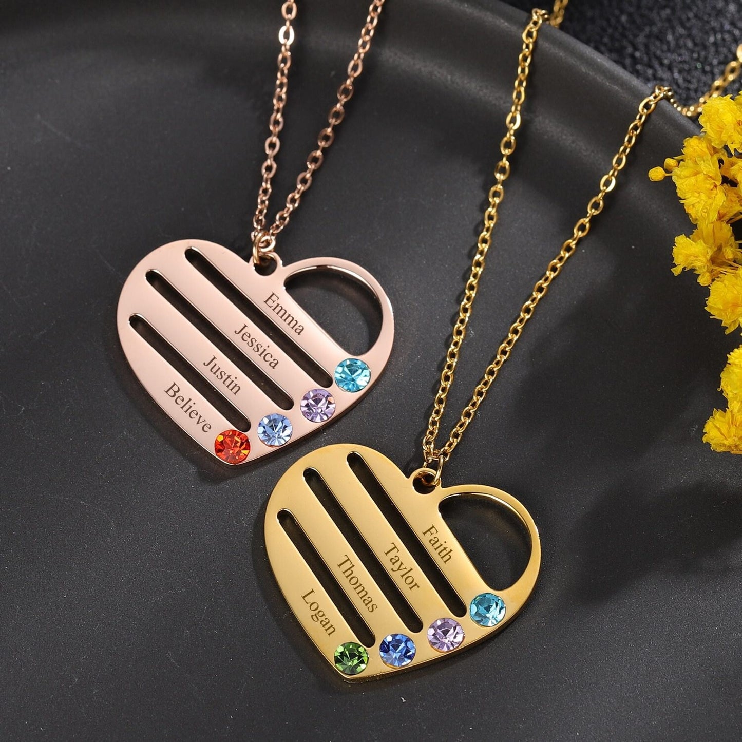 Personalized Birthstone Name Necklace Custom Engrave Names Pendant Chain Charm Stainless Steel Heart Jewelry Gift For Women Customized
